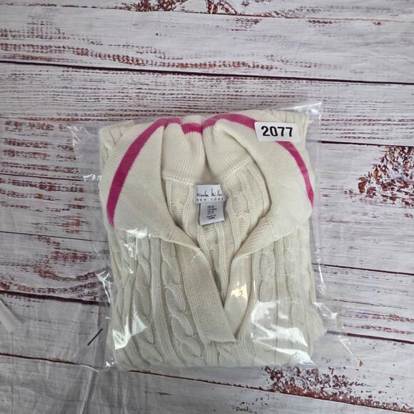 Nicole Miller White Pink Stripe Polo Cable Knit Sweater M Prep School Girl Lux - Picture 9 of 9